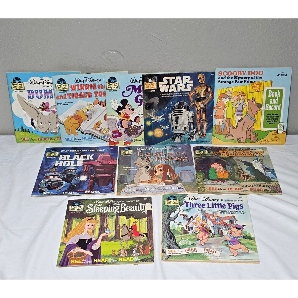 Vintage Disneyland Book & Record Lot of 9 Read Along Star Wars Hobbit Pooh [J]